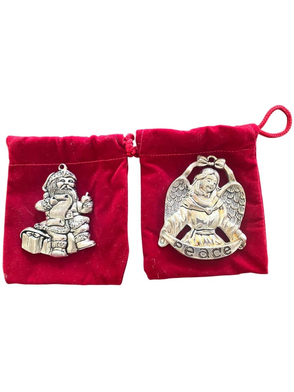 Gorham Silver Plate Angel and Santa Set Of 2 Ornaments Vintage Includes Pouch